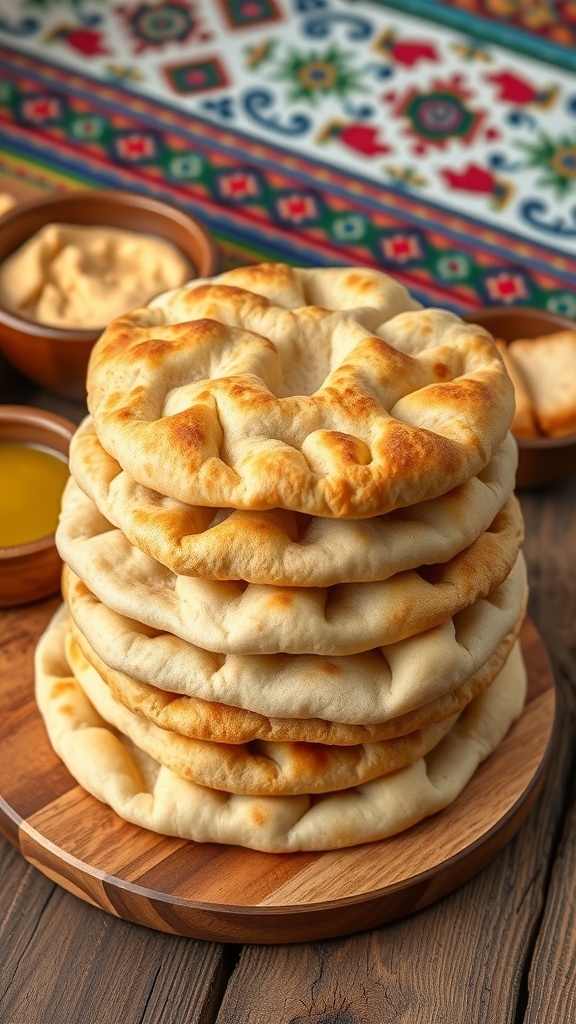 Freshly baked Jordanian pita bread stacked on a wooden table with hummus and olive oil.